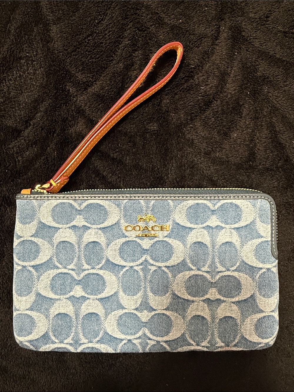 Coach Denim Signature Wristlet Clutch in Light Blue with Tan Strap
